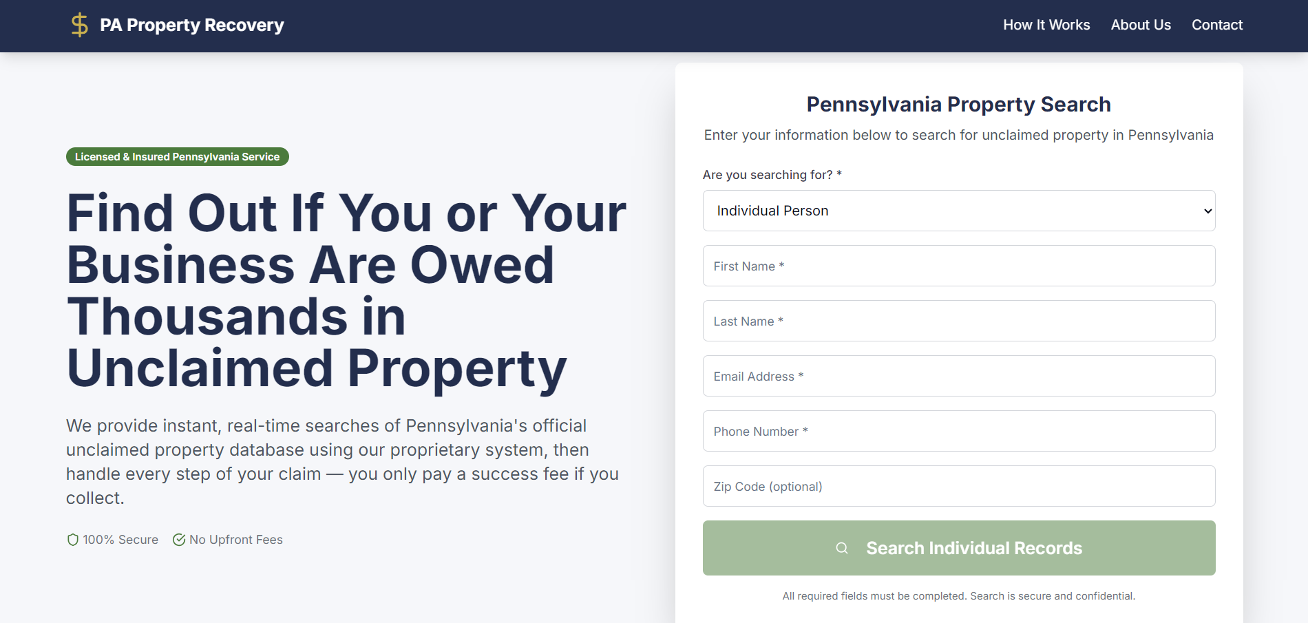 PA Property Recovery website screenshot